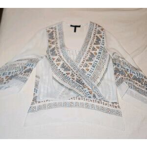 BCBG Max Azria Blouse W Sz S, Silk Printed‎ V Neck Kasia Blouse White
